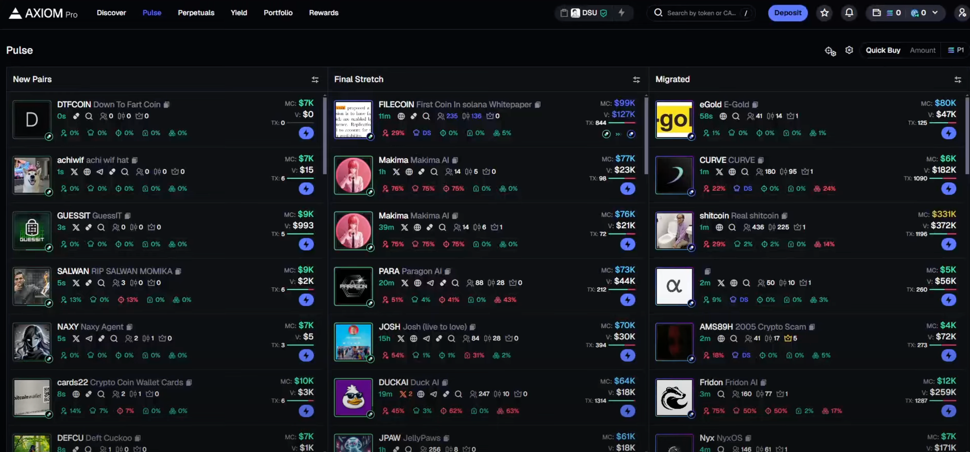 Screenshot of Axiom Pro Bot pulse feature showing a list of different crypto coins