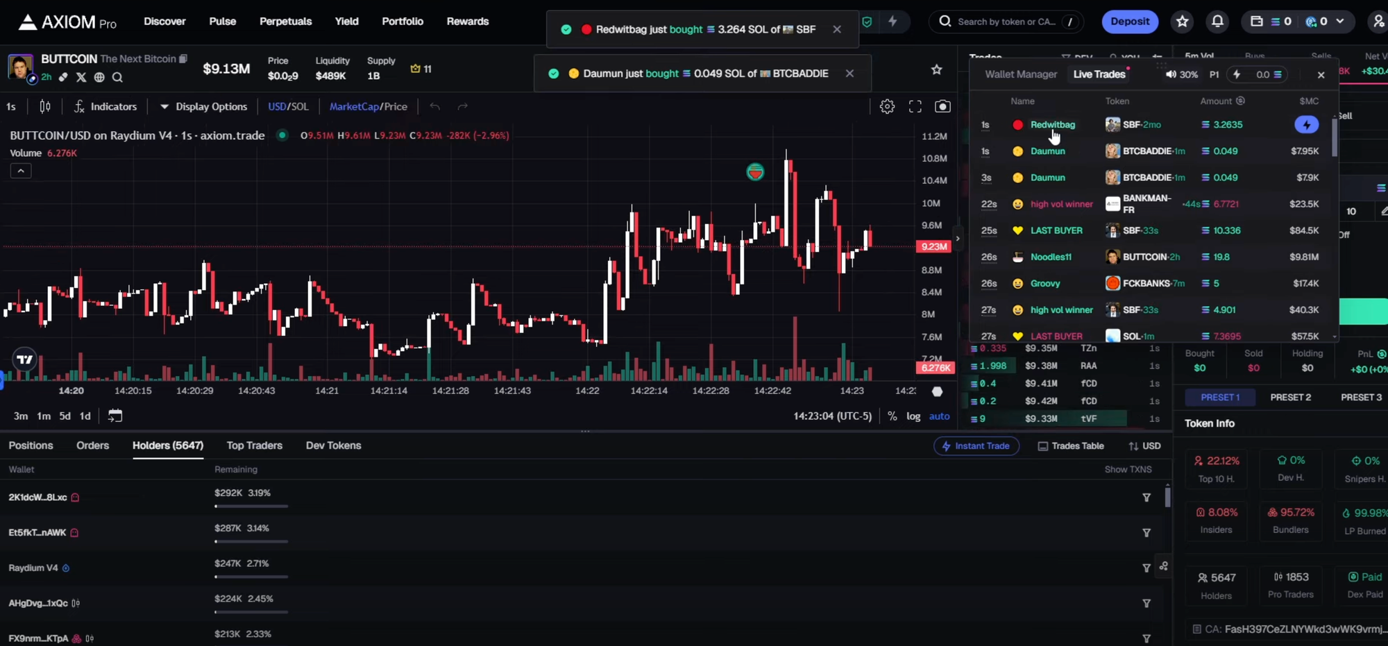 A screenshot from Axiom Pro Bot trading Solana